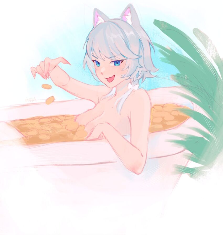 1girl animal_ears bathtub blue_eyes breasts cat_ears cat_girl cipher_(honkai:_star_rail) coin completely_nude fang gold_coin grey_hair hashtag-only_commentary highres honkai:_star_rail honkai_(series) large_breasts nude open_mouth rinsmeray short_hair_with_long_locks skin_fang solo treasure