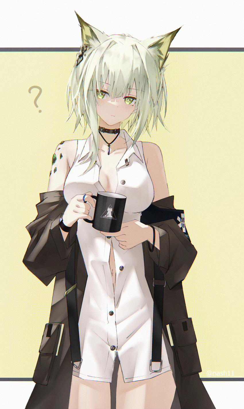 1girl ? absurdres animal_ears arknights bare_shoulders breasts button_gap buttons chinese_commentary cleavage closed_mouth coffee_mug collarbone commentary cowboy_shot cup green_eyes grey_hair highres holding jewelry kal&#039;tsit_(arknights) looking_at_viewer material_growth medium_breasts mug nash11 navel oripathy_lesion_(arknights) rhodes_island_logo_(arknights) ring shirt short_hair sleeveless sleeveless_shirt solo standing white_shirt