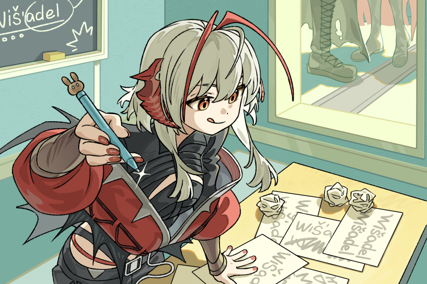 1boy 2girls :q ahoge antenna_hair arknights arm_up belt black_belt black_cape black_shirt black_shorts board_eraser boots cape chalkboard character_name collared_shirt commentary crumpled_paper demon_girl demon_horns english_commentary favilia foreshortening glint hand_on_table highres hoederer_(arknights) holding holding_pen horns indoors ines_(arknights) jacket knee_boots leather leather_boots licking_lips long_sleeves looking_down multicolored_hair multiple_girls orange_eyes out_of_frame papers partially_open_jacket pen red_cape red_hair red_jacket red_nails shadow shirt shorts solo_focus standing streaked_hair three_quarter_view tongue tongue_out torn_cape torn_clothes w_(arknights) white_hair window wis&#039;adel_(arknights)