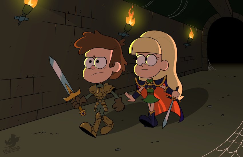 armor blonde_hair boots brown_hair cosplay crossover deedlit deedlit_(cosplay) dipper_pines dungeon gloves gravity_falls highres pacifica_northwest parn_(lodoss) parn_(lodoss)_(cosplay) parody record_of_lodoss_war silk spider_web sword torch vinzound weapon