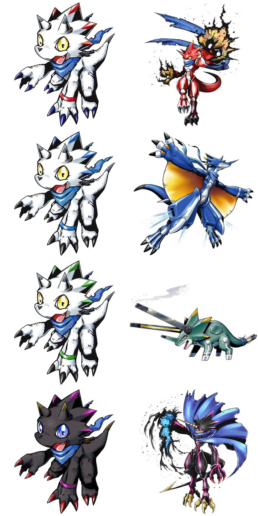 absurdres betelgammamon blue_eyes blue_fire claws digimon digimon_ghost_game fang fire gammamon gulusgammamon highres kausgammamon original simple_background triceratops wezengammamon white_background