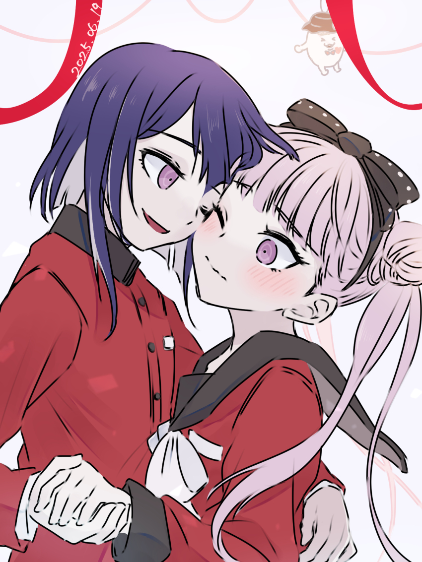 black_bow black_hairband black_headband blush bow brother_and_sister closed_mouth hairband headband hetero holding_hands incest long_sleeves one_eye_closed open_mouth pink_eyes pink_hair purple_hair red_shirt shirt siblings simple_background sirei_(hundred_line) the_hundred_line_-last_defense_academy- tsukumo_ima tsukumo_kako twincest twins twintails upper_body white_background white_bow