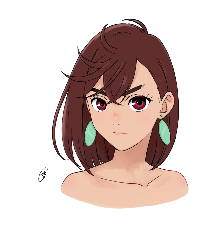 1girl ahoge artist_request ayase_momo brown_eyes brown_hair choker_removed collarbone crossed_bangs dandadan earrings eyelashes female_focus hair_between_eyes highres implied_nudity jewelry looking_at_viewer matching_hair/eyes medium_hair neck pendant portrait serious sidelocks signature simple_background standing swept_bangs topless_female topless_frame upper_body v-shaped_eyebrows white_background