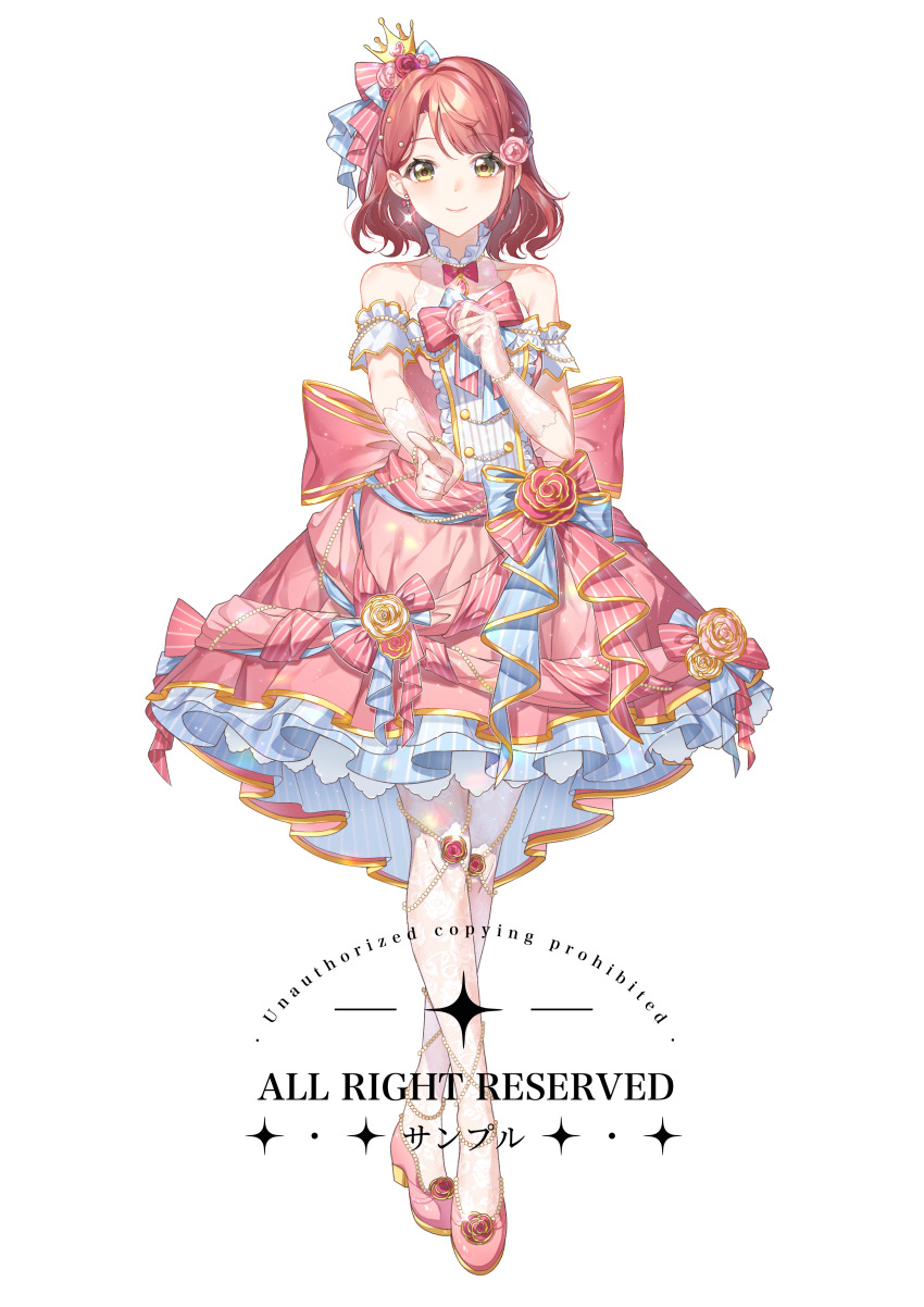 1girl absurdres bare_shoulders blunt_bangs blush braid breasts buttons character_name closed_mouth collarbone detached_sleeves double-breasted dress elbow_gloves full_body gloves half_up_braid half_updo highres jingshenquan looking_at_viewer love_live! love_live!_nijigasaki_high_school_idol_club love_live!_school_idol_festival_all_stars medium_breasts medium_hair official_alternate_costume pantyhose pink_dress pink_hair pink_shoes sample_watermark see-through_clothes see-through_gloves shoes short_sleeves simple_background sleeveless sleeveless_dress smile solo swept_bangs uehara_ayumu uehara_ayumu_(all_star_princess) watermark white_background white_pantyhose yellow_eyes