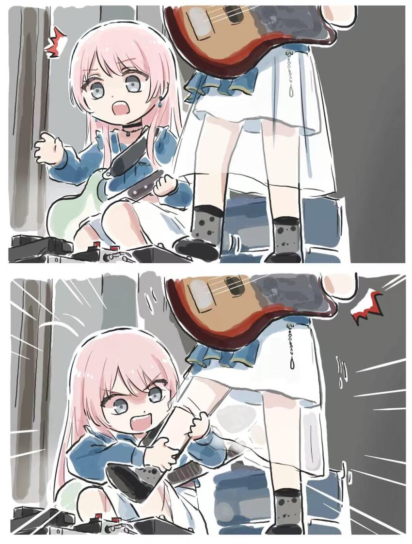 2girls bang_dream! bang_dream!_it&#039;s_mygo!!!!! black_choker black_socks chihaya_anon choker commentary bass_guitar electric_guitar grabbing_another&#039;s_ass grey_eyes groping guitar highres instrument jewelry leg_grab long_hair lyy multiple_girls nagasaki_soyo necklace open_mouth pink_hair skirt socks teeth upper_teeth_only white_skirt