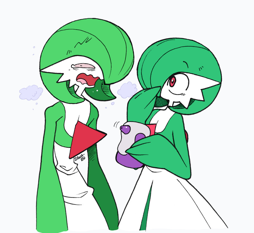bob_cut colored_skin dress gardevoir gen_3_pokemon green_hair green_skin hair_over_one_eye highres multicolored_skin nintendo pink_eyes pokemon pokemon_(creature) potion_(pokemon) signature simple_background superiordutchsauce two-tone_skin white_dress white_skin