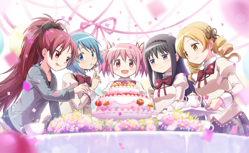 5girls :o :p akemi_homura antenna_hair artist_request balloon black_bow black_hair black_hairband black_shirt black_skirt blonde_hair blue_eyes blue_hair blue_shorts bow bowtie cake cheese closed_mouth clothing_cutout collarbone collared_shirt confetti cowboy_shot crop_top cup denim denim_shorts dot_nose flower flower_hairpin food fork fruit fur-trimmed_shorts fur_trim game_cg green_jacket hair_bow hair_ribbon hairband hand_on_table high_collar highres holding holding_fork holding_tray hood hood_down hooded_jacket jacket jitome juliet_sleeves kaname_madoka lace lace-trimmed_shirt lace-trimmed_sleeves lace_trim light_blush long_hair long_sleeves looking_at_another looking_at_food looking_at_viewer mahou_shoujo_madoka_magica mahou_shoujo_madoka_magica_magia_exedra miki_sayaka miniskirt mitakihara_school_uniform multiple_girls navel official_art open_mouth party pink_eyes pink_flower pink_hair plaid_clothes plaid_skirt pleated_skirt pocket ponytail puffy_sleeves pumpkin purple_eyes red_bow red_bowtie red_eyes red_hair red_ribbon ribbon sakura_kyoko school_uniform shirt short_hair short_shorts short_twintails shorts sidelocks skirt smile sparkle stomach_cutout straight_hair strawberry streamers studded_hairband surprised tablecloth tareme teacup teapot tomoe_mami tongue tongue_out tray tsurime twintails very_long_hair white_background white_sleeve_cuffs yellow_eyes yellow_shirt