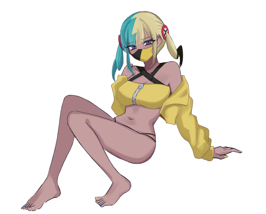 1girl bandeau bare_legs barefoot canari_(pokemon) commentary_request eyelashes feet full_body grey_eyes hand_up highres jacket long_sleeves looking_at_viewer m_ikachu mask mouth_mask multicolored_hair nail_polish navel nintendo off_shoulder pokemon pokemon_legends:_z-a simple_background solo toenail_polish toenails toes twintails white_background yellow_bandeau yellow_jacket zipper zipper_pull_tab