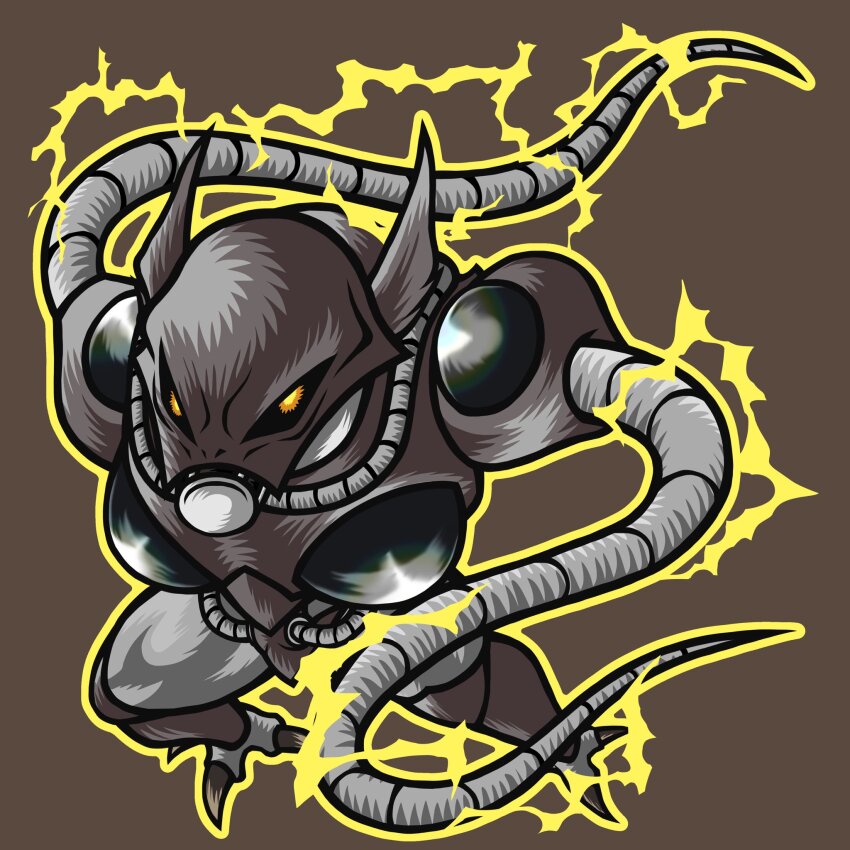 alien alien_infiltrator armor duel_monster exoskeleton fighting_stance highres incoming_attack mask monster monster_focus no_hands no_humans rebreather shoulder_armor simple_background solo tentacles thigh_armor tk_moai_create yellow_eyes yu-gi-oh!