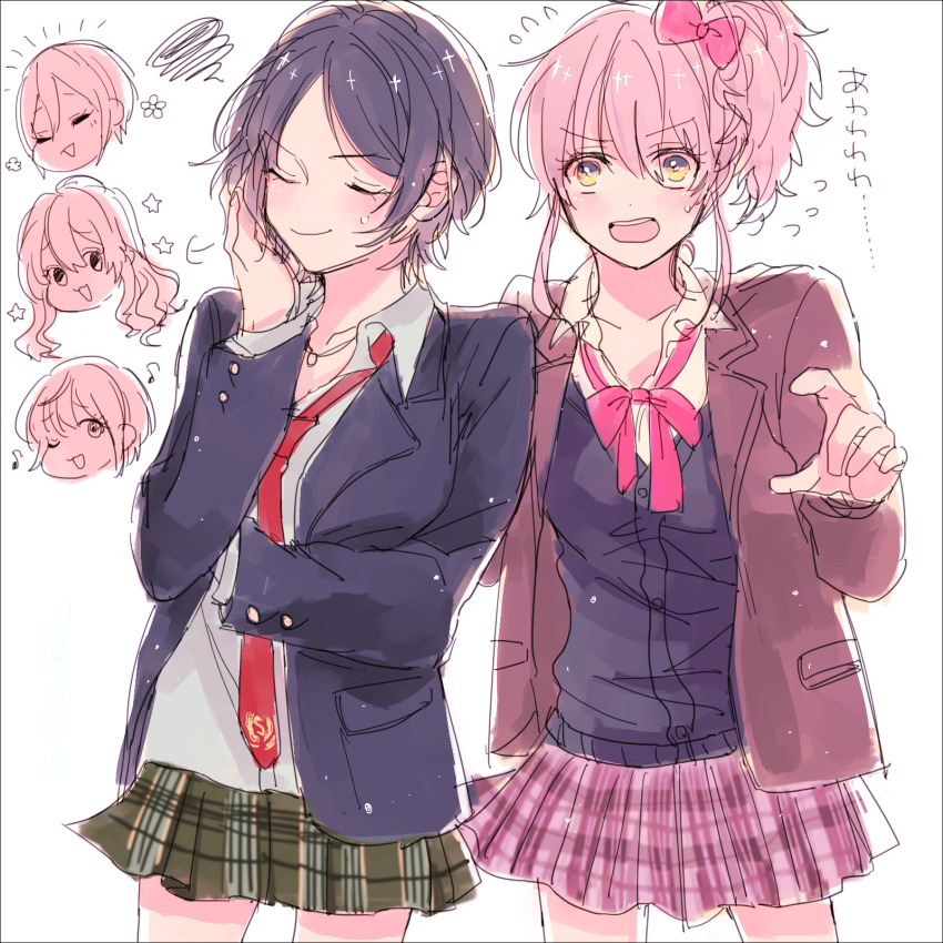 5girls amane_(7783) black_jacket black_sweater closed_eyes closed_mouth commentary_request flying_sweatdrops green_skirt hair_ribbon hand_on_own_face hayami_kanade highres ichinose_shiki idolmaster idolmaster_cinderella_girls jacket jougasaki_mika lipps_(idolmaster) long_hair miyamoto_frederica multiple_girls necktie open_mouth pink_hair pink_ribbon pink_skirt plaid_clothes plaid_skirt pleated_skirt purple_hair red_necktie ribbon school_uniform shiomi_syuko shirt short_hair side_ponytail simple_background skirt smile squiggle star_(symbol) sweatdrop sweater white_background white_shirt yellow_eyes
