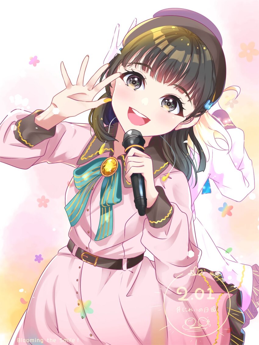 2girls :d animification arm_up back-to-back beret black_eyes black_hair black_hat collared_dress commentary cowboy_shot date_pun dated dated_commentary dream_believers dress flower_symbol green_ribbon hair_ornament hashtag hat head_tilt highres hinoshita_kaho holding holding_microphone link!_like!_love_live! long_hair long_sleeves looking_at_viewer love_live! medium_dress microphone multiple_girls neck_ribbon nirei_nozomi number_pun official_alternate_costume open_hand open_mouth orange_background orange_hair pink_background pink_dress pinstripe_ribbon rabbit_hair_ornament real_life ribbon sakari_(pear_8_ll) smile solo_focus teeth two_side_up upper_teeth_only virtual_youtuber voice_actor voice_actor_connection