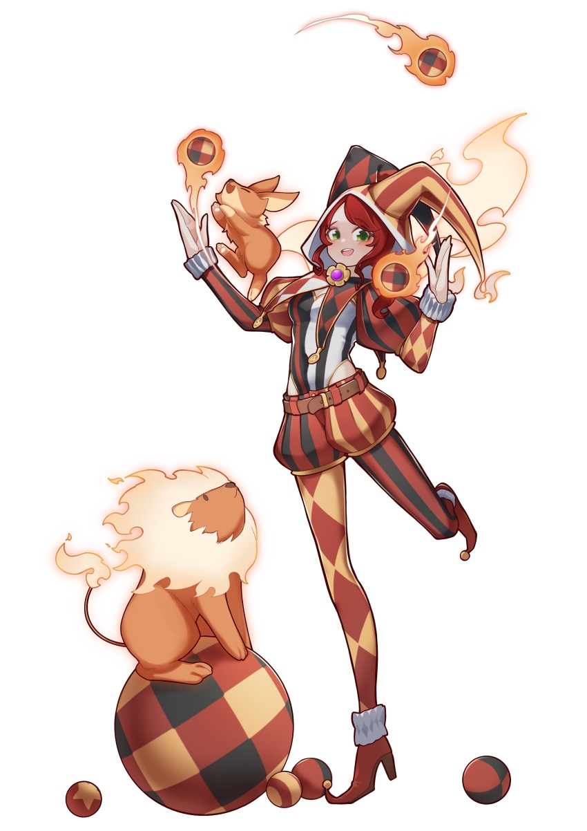 1girl :d absurdres ball belt checkered_clothes full_body green_eyes hat high_heels highres jester jester_cap jester_costume juggling lion looking_at_viewer maplestory open_mouth oz_(maplestory) pantyhose pointy_footwear puffy_sleeves rabbit red_hair shorts smile standing standing_on_one_leg striped_clothes teeth upper_teeth_only white_background zhuoken
