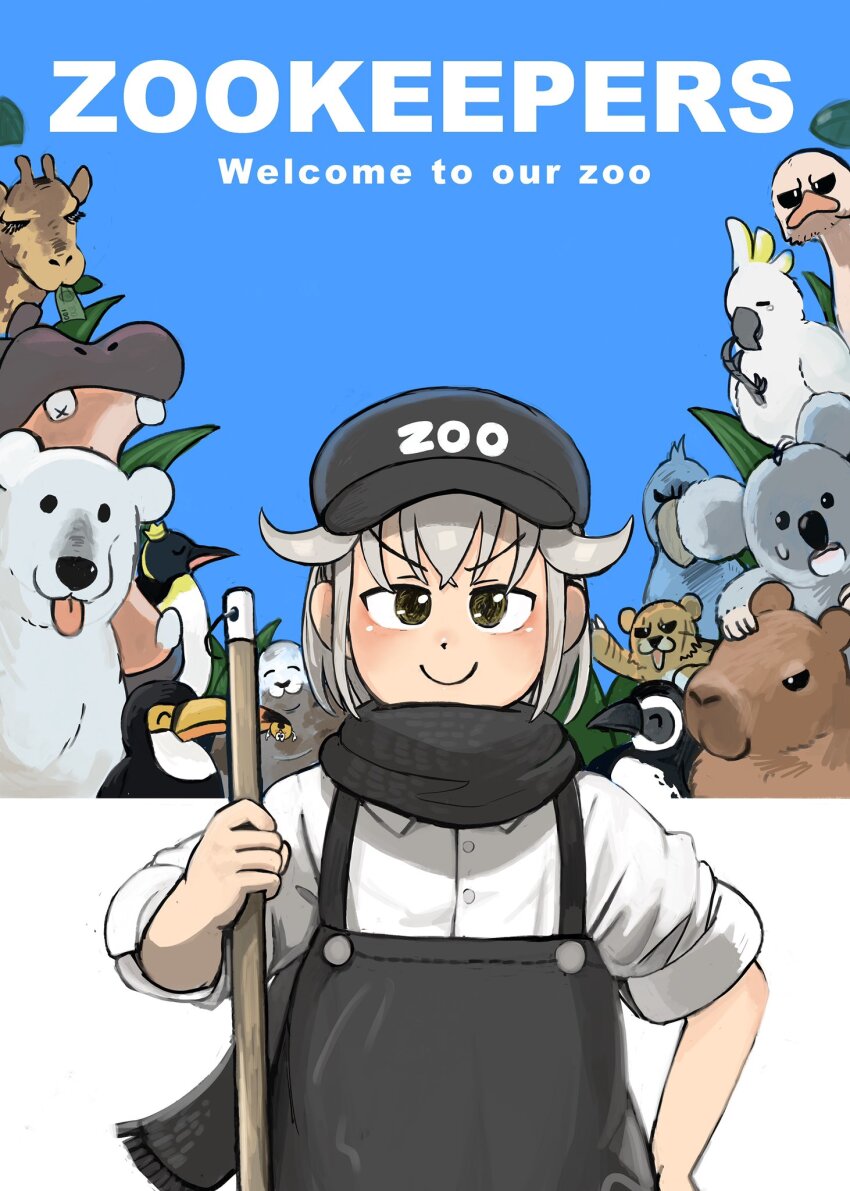 1girl bear bird blue_background broom capybara cheetah cockatoo cub diva_(hyxpk) emperor_penguin english_text flat_cap giraffe hat highres hippopotamus koala leaf looking_at_viewer magellanic_penguin ostrich overalls penguin penguin_keeper_(zookeepers) polar_bear scarf seal_(animal) shoebill toucan white_hair zoo zookeeper zookeepers