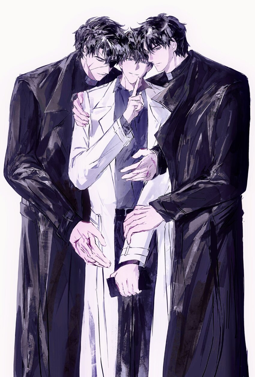 3boys 8d2suga9 arm_around_back arm_around_shoulder black_coat black_eyes black_hair black_shirt coat collared_shirt eyepatch feet_out_of_frame hand_on_another&#039;s_arm head_tilt highres holding holding_phone index_finger_raised kim_dokja large_hands looking_at_viewer multiple_boys omniscient_reader&#039;s_viewpoint open_clothes open_coat phone popped_collar scar scar_on_face shirt short_hair white_coat yaoi yoo_joonghyuk yoo_joonghyuk_(999th_turn)