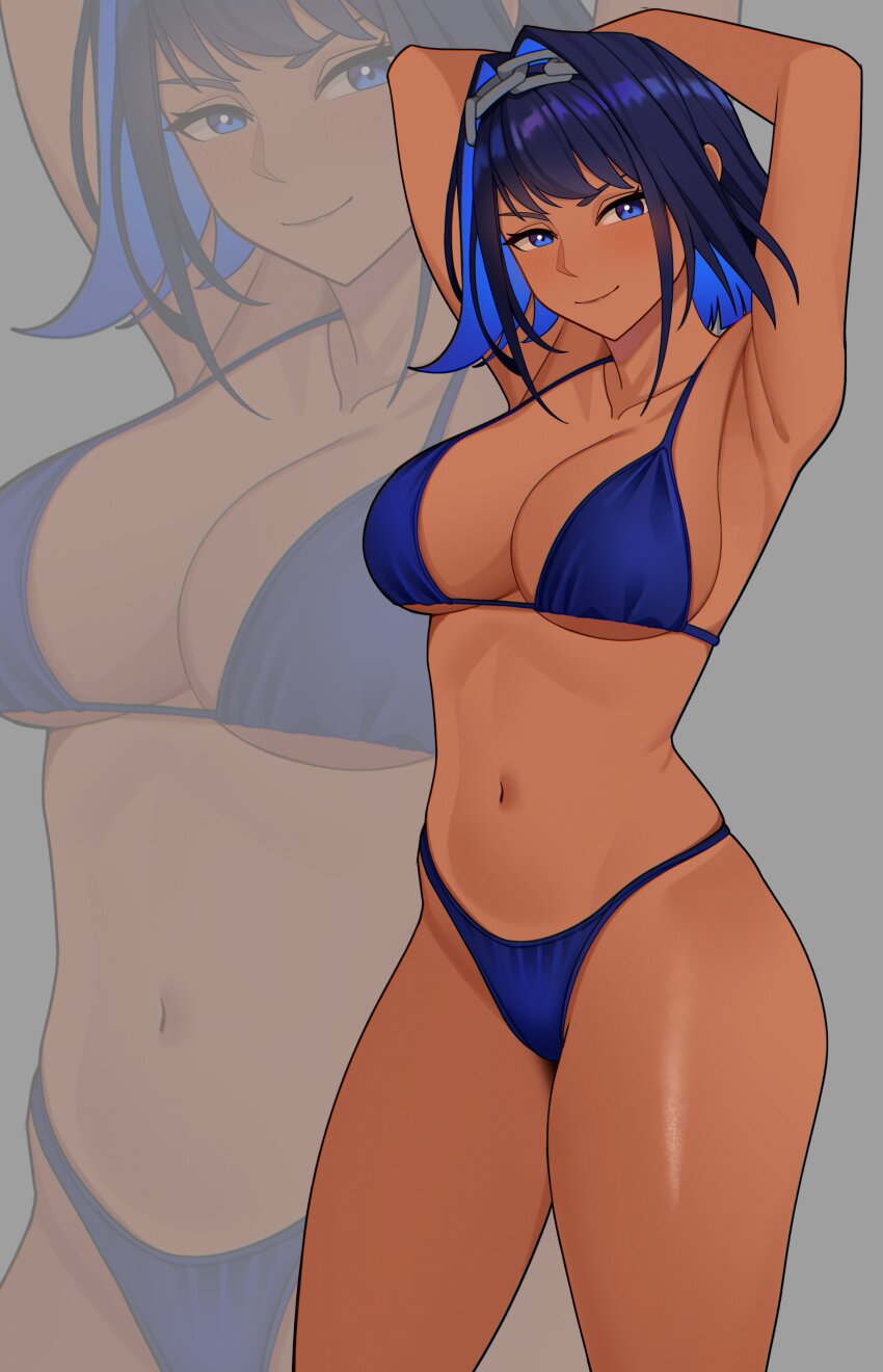 1girl absurdres armpits arms_behind_head arms_up bare_arms bare_legs bikini blue_bikini blue_eyes blue_hair breasts chain chain_headband cleavage collarbone colored_inner_hair cowboy_shot dark_skin eyelashes grey_background hair_flaps hair_intakes hashtag-only_commentary head_tilt highleg highleg_bikini highres hololive hololive_english large_breasts light_blush light_smile long_sidelocks looking_at_viewer multicolored_hair navel neet_kun01 ouro_kronii short_hair sideboob sidelocks simple_background solo standing stomach swimsuit tan thighs underboob zoom_layer