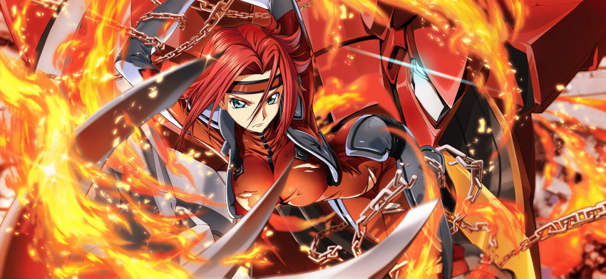 1girl arms_up artist_request ass blue_eyes blurry bodysuit bound bound_arms bound_legs breasts broken broken_chain chain closed_mouth code_geass code_geass:_lost_stories cropped_vest depth_of_field embers female_focus fire game_cg glowing glowing_eyes grey_vest guren_(code_geass) guren_mk-ii hair_flaps hair_intakes headband highres knees_together_feet_apart kouzuki_kallen large_breasts leaning_forward leg_up looking_at_viewer mecha non-web_source official_art open_clothes open_vest red_bodysuit red_hair red_headband red_theme robot serious shiny_clothes short_hair sidelocks skin_tight solo standing standing_on_one_leg torn_bodysuit torn_clothes v-shaped_eyebrows vest