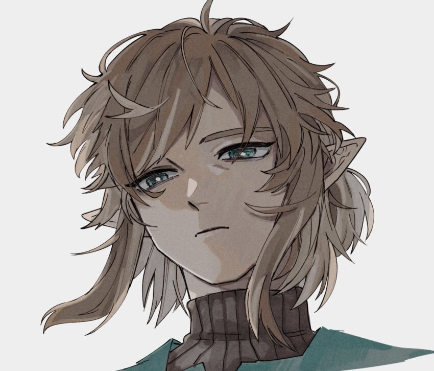1boy black_shirt blonde_hair blue_eyes closed_mouth commentary_request cropped_shoulders expressionless grey_background hair_behind_ear link male_focus messy_hair nintendo parted_bangs pointy_ears portrait shirt simple_background solo teto_ten the_legend_of_zelda the_legend_of_zelda:_breath_of_the_wild turtleneck