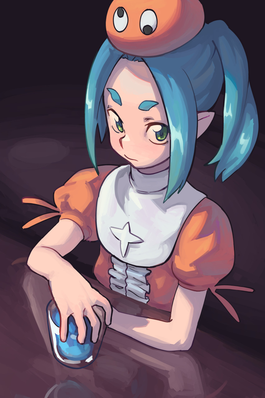 1girl absurdres arms_on_table blue_hair closed_mouth commentary dark_background dress english_commentary glass googly_eyes green_eyes hat highres monogatari_(series) ononoki_yotsugi orange_dress orange_hat parted_bangs piku184 pointy_ears puffy_short_sleeves puffy_sleeves reflective_table short_eyebrows short_hair short_sleeves solo thick_eyebrows