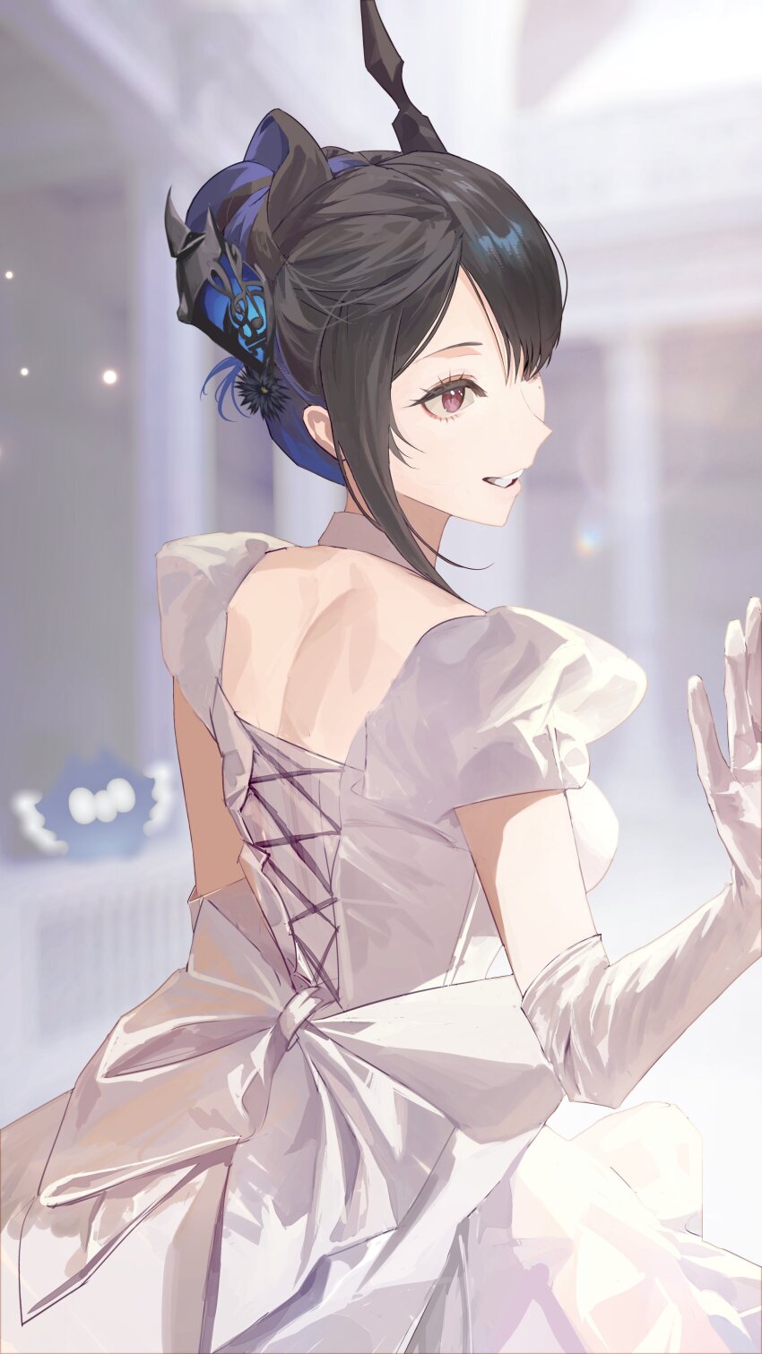 1girl absurdres alternate_costume alternate_hairstyle asymmetrical_horns back_bow black_hair blue_hair blurry blurry_background bow choker colored_inner_hair commentary cross-laced_clothes cross-laced_dress dress elbow_gloves english_commentary flower from_behind gloves grin hair_bun hand_up highres hololive hololive_english horn_flower horns jailbird_(nerissa_ravencroft) mole mole_under_eye multicolored_hair nerissa_ravencroft purple_eyes short_hair short_sleeves single_hair_bun slit_pupils smile solo thekaiyip uneven_horns upper_body virtual_youtuber white_bow white_choker white_dress white_gloves
