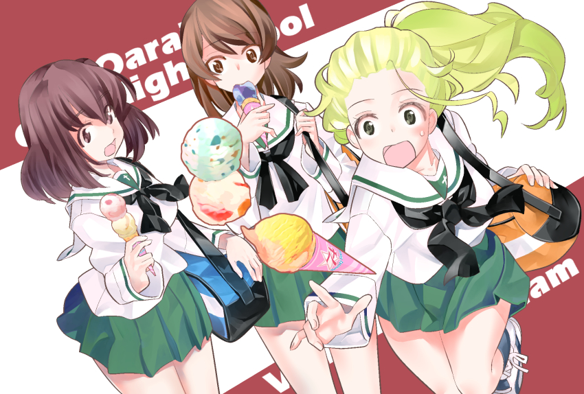 3girls text_background bag black_neckerchief black_socks blonde_hair blouse brown_eyes brown_hair carrying commentary_request dropping eating frown girls_und_panzer green_skirt hair_down hair_pulled_back hairband highres ice_cream_cone inou_takashi kawanishi_shinobu kondou_taeko leaning_forward long_hair long_sleeves looking_at_another medium_hair miniskirt multiple_girls neckerchief no_headband ooarai_school_uniform open_mouth pleated_skirt ponytail romaji_text sailor_collar sasaki_akebi school_bag school_uniform serafuku shirt shoes skirt sneakers socks standing sweatdrop white_footwear white_hairband white_sailor_collar white_shirt