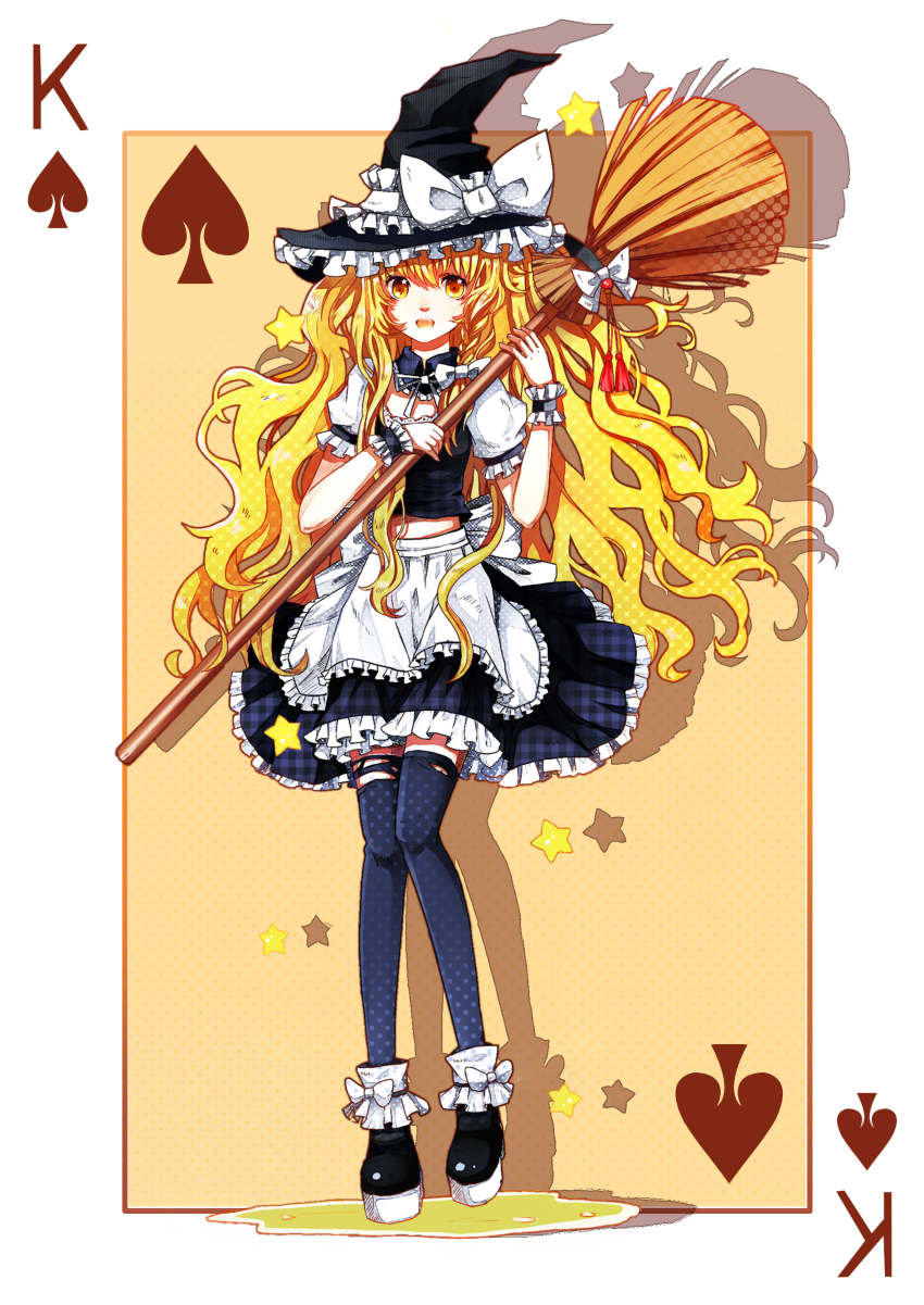 1girl :d absurdres apron black_thighhighs blonde_hair bow braid breasts broom brown_background card card_(medium) detached_collar fang female_focus frilled_skirt frills full_body hair_bow hat hat_bow highres holding king king_(playing_card) kirisame_marisa knees_together_feet_apart loafers lolita_fashion long_hair looking_at_viewer midriff open_mouth orange_background plaid_clothes plaid_skirt platform_shoes playing_card polka_dot polka_dot_background puffy_short_sleeves puffy_sleeves shadow shoes short_sleeves side_braid simple_background skirt skirt_set small_breasts smile solo spade spades_card standing star_(symbol) tanotomoe tassel thighhighs torn_clothes torn_thighhighs touhou very_long_hair waist_apron wavy_hair witch_hat wrist_cuffs yellow_eyes