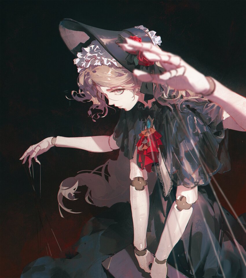 1girl absurdres ascot black_background black_bonnet black_capelet black_dress blonde_hair blue_gemstone bonnet capelet character_request dino_(dinoartforame) doll_joints dress extra_arms gem grey_eyes highres joints looking_at_viewer medium_hair puppet_strings red_ascot red_background silver_and_blood solo string two-tone_background