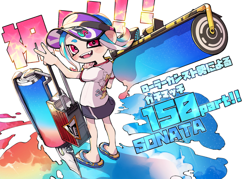 1girl :d black_skirt blue_hair fang flingza_roller_(splatoon) full_body gradient_hair hero_roller_(splatoon) highres inari1369 legs_apart light_blue_hair long_hair miniskirt multicolored_hair nintendo octoling octoling_girl octoling_player_character open_mouth over_shoulder pink_eyes pink_hair sandals shadow shirt short_sleeves single_vertical_stripe skirt smile splatoon_(series) standing suction_cups teeth tentacle_hair two-tone_hair uneven_eyes v visor_cap white_shirt