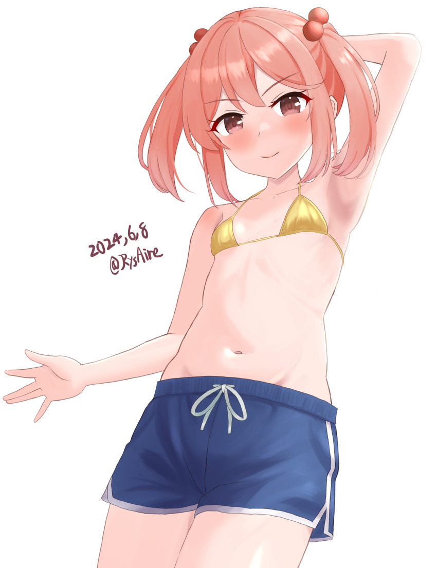 1girl alternate_costume ame-san arm_behind_head arm_up armpits bare_arms bare_shoulders bikini bikini_top_only blue_male_swimwear blush closed_mouth commentary_request cowboy_shot dated flat_chest gold_bikini hair_bobbles hair_ornament highres kantai_collection looking_at_viewer male_swimwear medium_hair navel pink_hair red_eyes revision sazanami_(kancolle) sidelocks simple_background smile solo stomach swimsuit twintails twitter_username v-shaped_eyebrows white_background
