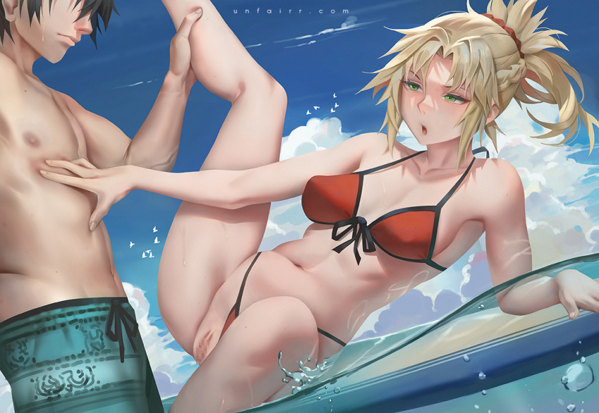 1boy 1girl bare_shoulders bikini black_hair blonde_hair blue_sky blush braid breasts censored cleavage collarbone fate/grand_order fate_(series) fujimaru_ritsuka_(male) fujimaru_ritsuka_(male)_(brilliant_summer) green_eyes green_shorts hair_ornament hair_scrunchie half_up_braid hetero large_variant_set long_hair lying medium_breasts mordred_(fate) mordred_(fate/apocrypha) mordred_(swimsuit_rider)_(fate) mordred_(swimsuit_rider)_(first_ascension)_(fate) mosaic_censoring navel ocean official_alternate_costume on_side open_mouth parted_bangs ponytail prydwen_(fate) pussy red_bikini scrunchie short_hair shorts sidelocks sky spread_legs surfboard swimsuit unfairr variant_set water