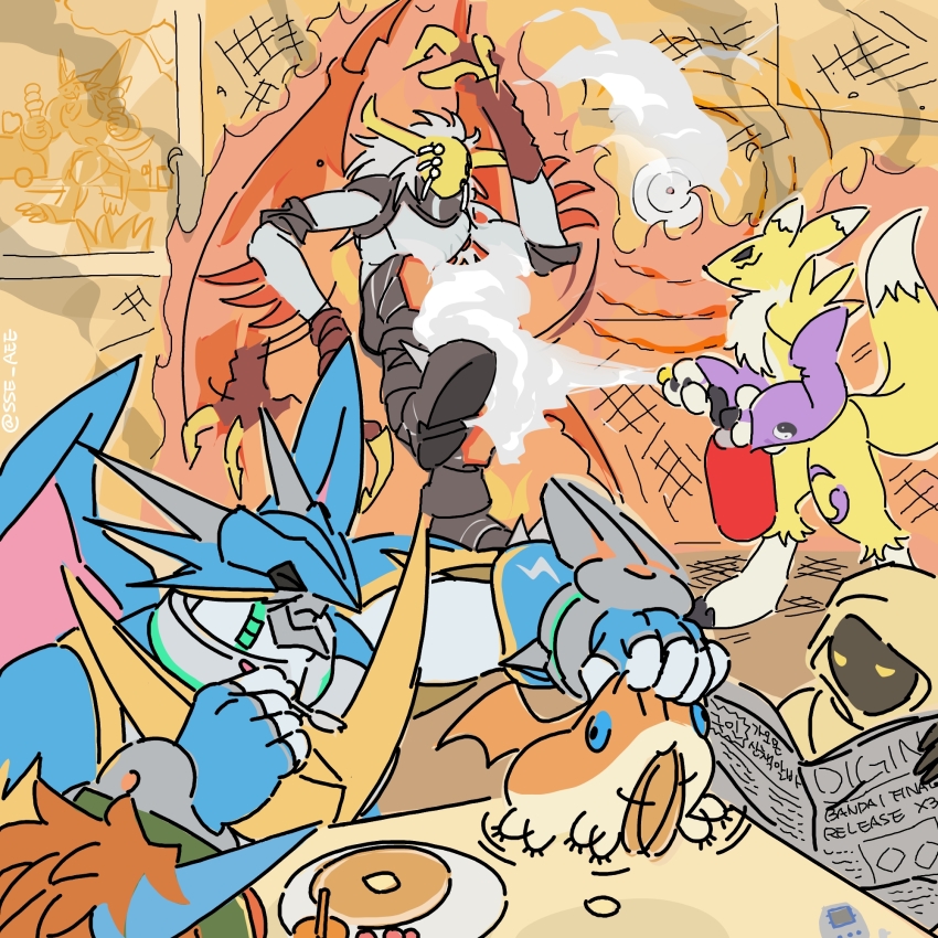 closed_eyes digimon digimon_(creature) eating fire_extinguisher highres horns neodevimon patamon reading renamon ulforcev-dramon wisemon