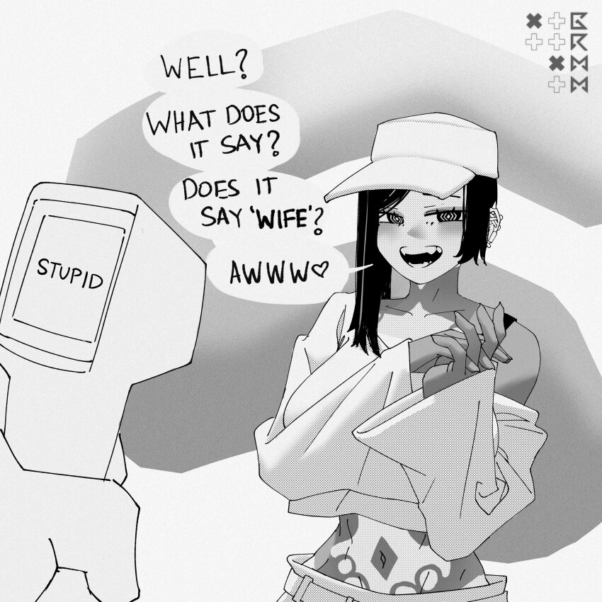 1girl @_@ absurdres baseball_cap black_hair breasts cat_detector_(meme) disembodied_hand ear_piercing english_text grmm gyaru hat highres holding_temperature_scanner infrared_thermometer large_breasts looking_at_viewer meme monochrome navel original own_hands_together piercing single_bang tagme tan tanline temperature_scanner tili_(grmm)