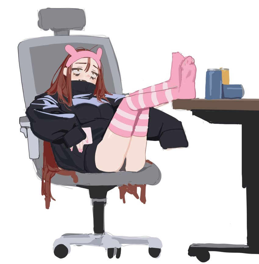 1girl animal_ears bags_under_eyes black_hoodie bow can chair fake_animal_ears fang feet_on_table gaming_chair hair_bow highres hood hoodie kneehighs looking_up messy_hair neet on_table original oversized_clothes panties pantyshot pink_socks red_eyes red_hair relaxing saessacman simple_background sitting socks striped_clothes striped_thighhighs swivel_chair table thighhighs underwear white_background