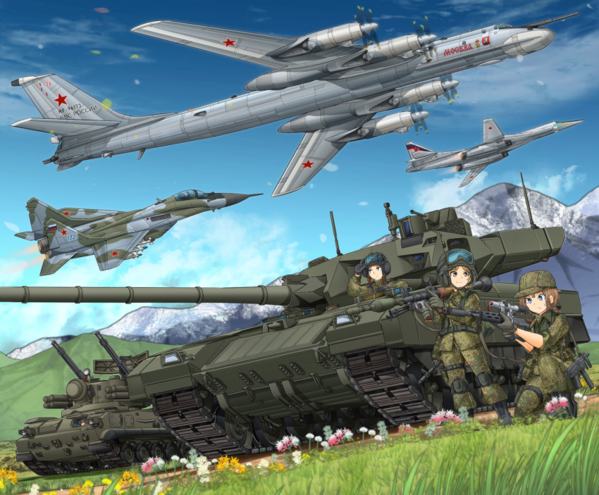 2others 3girls adjusting_goggles aircraft airplane anti-aircraft anti-aircraft_gun assault_rifle black_gloves black_headwear blonde_hair blue_eyes blue_sky bomber brown_eyes brown_hair bullpup camouflage camouflage_headwear camouflage_jacket camouflage_pants carrying closed_mouth cloud cloudy_sky commentary_request cyrillic day dutch_angle field_cap fighter_jet flower frown gloves goggles goggles_on_headwear grass green_headwear green_jacket green_pants grey_gloves grey_headwear gun heavy_bomber helmet highres holding holding_gun holding_weapon jacket long_sleeves looking_at_another medium_hair mig-29 mikeran_(mikelan) military military_combat_uniform military_uniform military_vehicle motion_blur motor_vehicle mountain multiple_girls multiple_others on_one_knee original outdoors pants penetrator_(aircraft) pointing ponytail pp-91_kedr rifle rocket_launcher roundel rpg rpg-7 rpg_(weapon) russia russian_ground_forces russian_text scope short_hair short_ponytail sky sleeves_rolled_up smile standing star_(symbol) strategic_bomber submachine_gun sweatdrop t-14_armata tank tank_helmet thigh_strap tu-160 tu-95 vehicle_focus weapon