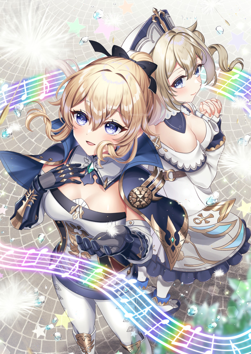 2girls :d absurdres barbara_(genshin_impact) beamed_eighth_notes black_bow blonde_hair blue_eyes bow commentary_request dress drill_hair eighth_note genshin_impact hair_bow highres jean_(genshin_impact) leggings long_hair multiple_girls musical_note off-shoulder_dress off_shoulder open_mouth own_hands_together pants quarter_note shirt siblings sisters smile musical_staff standing strapless strapless_shirt tateko25wiz thighs white_dress white_pants white_shirt