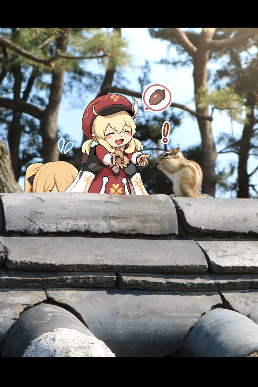 ! 2girls :3 :d ^_^ absurdres ahoge backpack bag black_gloves blonde_hair blurry bow brick_wall brown_gloves brown_scarf newsboy_cap canary carrying carrying_person closed_eyes clover_print coat commentary_request depth_of_field dual_wielding flying_sweatdrops forest genshin_impact gloves hair_between_eyes hair_bow hair_ribbon hat hat_feather hat_ornament height_difference highres holding jean_(genshin_impact) jean_(gunnhildr&#039;s_legacy)_(genshin_impact) klee_(genshin_impact) long_hair long_sleeves looking_at_viewer low_twintails multiple_girls nature official_alternate_costume ooyun open_mouth outdoors photo_background pointy_ears ponytail red_coat red_headwear ribbon scarf sidelocks smile squirrel tree twintails