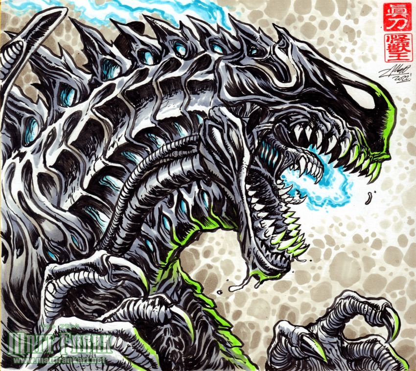 alien alien_(series) alien_vs._predator bioluminescence crossover fangs fusion giant giant_monster glowing glowing_mouth godzilla godzilla_(monsterverse) godzilla_(series) godzilla_vs._kong highres kaiju king_kong_(series) legendary_pictures matt_frank monster monsterverse mouth_beam multiple_crossover no_humans open_mouth predator_(series) sharp_teeth spines teeth toho xenomorph