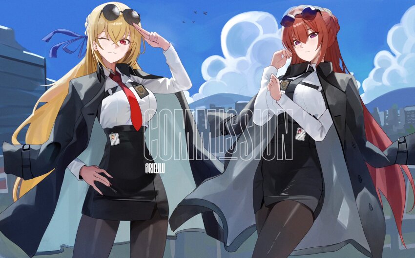 2girls adjusting_sleeves alternate_costume azur_lane black_coat black_necktie black_pantyhose blonde_hair braid braided_bun coat coat_on_shoulders collared_shirt commission cosplay cowboy_shot eyewear_on_head glasses hair_bun hair_ribbon hand_on_own_hip highres id_card id_photo king_george_v_(azur_lane) light_smile long_hair looking_at_viewer monarch_(azur_lane) monarch_(detective_arriving_on_the_scene)_(azur_lane) multiple_girls nail_polish necktie official_alternate_costume one_eye_closed open_clothes open_coat pantyhose pencil_skirt police_badge purple_eyes red_hair ribbon riel_(rielilu) salute shirt skirt sunglasses twitter_username two-finger_salute watermark white_shirt