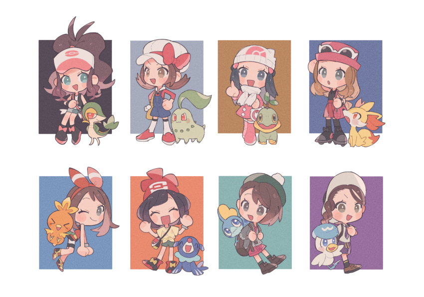 6+girls :d ;) bag baseball_cap beanie black_vest boots bow bow_hairband bracelet braid brown_hair cardigan chibi chikorita closed_eyes coat commentary_request dawn_(pokemon) dress eyewear_on_headwear fennekin gen_2_pokemon gen_3_pokemon gen_4_pokemon gen_5_pokemon gen_6_pokemon gen_7_pokemon gen_8_pokemon gloria_(pokemon) green_hat green_shorts grey_cardigan hair_ornament hairband hairclip hat hat_bow highres hilda_(pokemon) hime_(himetya105) jewelry juliana_(pokemon) lyra_(pokemon) may_(pokemon) multiple_girls necktie nintendo one_eye_closed open_mouth overalls pink_boots pink_coat poke_ball_print pokemon pokemon_(creature) pokemon_bw pokemon_dppt pokemon_hgss pokemon_oras pokemon_platinum pokemon_sm pokemon_sv pokemon_swsh pokemon_xy ponytail popplio quaxly red_bow red_hat roller_skates scarf selene_(pokemon) serena_(pokemon) shirt shoes short_sleeves shorts sidelocks skates skirt smile snivy sobble socks standing sunglasses tam_o&#039;_shanter thighhighs tied_shirt torchic turtwig vest white_hat white_scarf white_shirt yellow_bag yellow_shirt