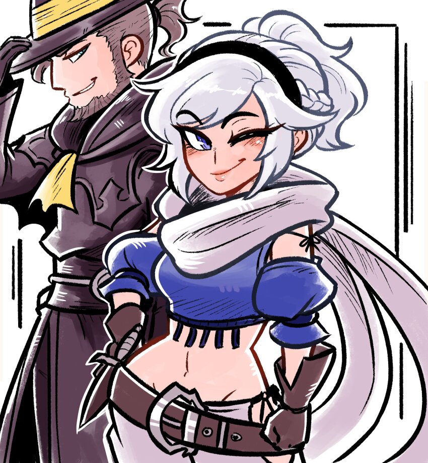 1boy 1girl absurdres adelle_ein ascot beard belt blue_eyes bravely_default_(series) bravely_default_ii brown_belt brown_gloves chinstrap_beard coat connected_beard crop_top elvis_lesley gloves grey_hair hand_on_own_hip hat_tip highres mature_male one_eye_closed ponytail scarf scruffyturtles smirk white_hair white_scarf yellow_ascot