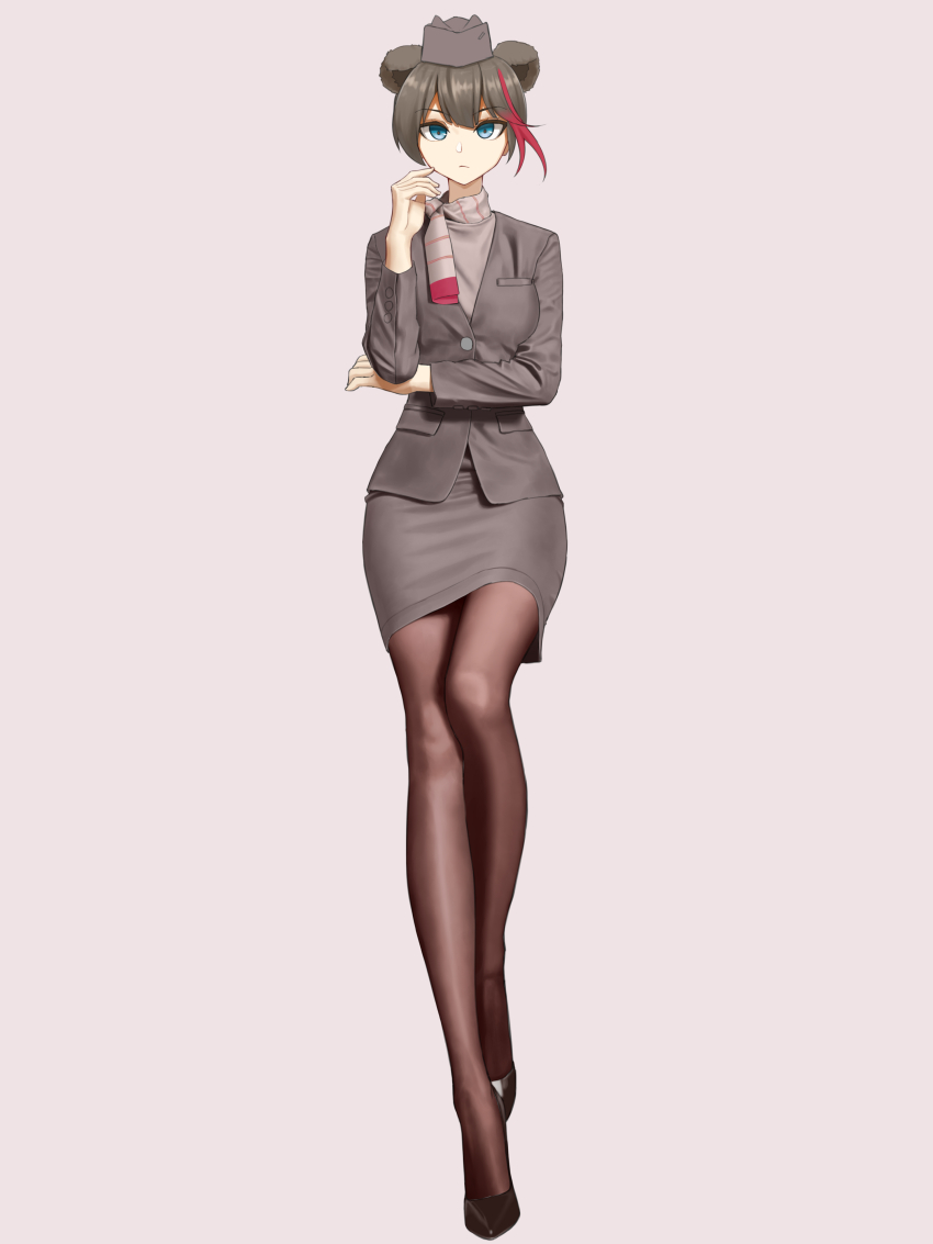 1girl absurdres animal_ears arknights bear_ears black_hair black_pantyhose blazer blue_eyes breasts chinese_commentary commentary_request fridgephone full_body grey_background hat high_heels highres jacket multicolored_hair office_lady pantyhose pencil_skirt scarf shoes short_hair skirt small_breasts split-color_hair standing standing_on_one_leg zima_(arknights)