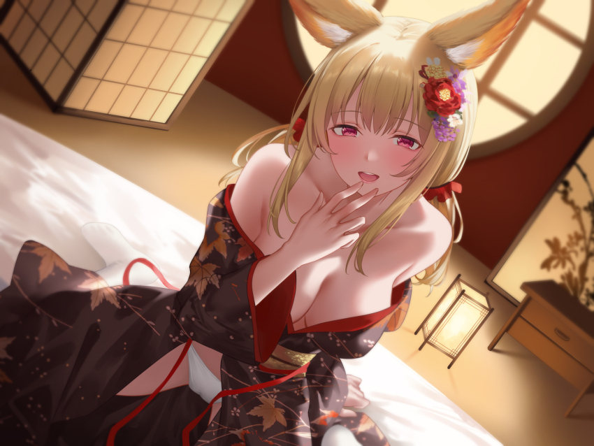 1girl animal_ear_fluff animal_ears architecture bare_shoulders black_kimono blonde_hair blush breasts cleavage clothes_lift collarbone dutch_angle east_asian_architecture flower futon hair_flower hair_ornament hair_ribbon hand_to_own_mouth highres indoors japanese_clothes kimono lantern large_breasts leaf_print long_hair looking_at_viewer open_clothes open_mouth open_shirt original panties pink_eyes print_kimono purple_flower red_flower ribbon sidelocks sitting skirt skirt_lift smile socks solo suzuame_yatsumi teeth underwear upper_teeth_only wariza white_flower white_panties white_socks yellow_flower