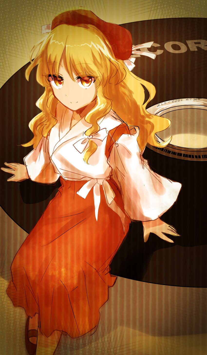 1girl absurdres beret blonde_hair bow cd closed_mouth detached_sleeves hair_bow happy hat highres hourai_girl_(touhou) japanese_clothes kimono long_hair long_sleeves looking_at_viewer mary_janes miko portrait_of_exotic_girls red_hat sabayomi_38 sash sepia shoes single_sidelock sitting smile solo touhou wavy_hair white_bow white_kimono white_sash wide_sleeves yellow_eyes