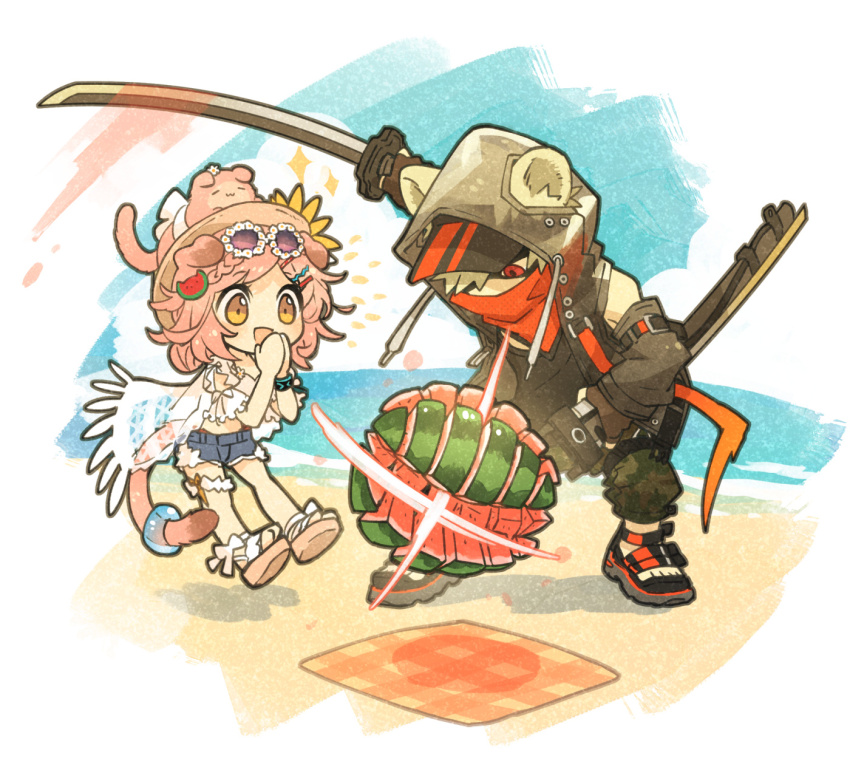 1boy 1girl adapted_costume animal animal_ears animal_on_head arknights bandana baseball_cap black_footwear black_gloves black_headwear black_jacket black_pants black_shirt blue_shorts braid cat cat_on_head cat_tail chibi commentary_request cutoffs day detached_sleeves eyewear_on_head fingerless_gloves flower food food-themed_hair_ornament fruit full_body gloves goldenglow_(arknights) goldenglow_(summer_flowers)_(arknights) hair_ornament hairclip hands_up hat hat_flower highres holding holding_sword holding_weapon hood hood_up hooded_jacket infection_monitor_(arknights) jacket katana medium_hair morini_ochiteru on_head open_mouth outdoors pants pink_hair red_(npc)_(arknights) red_bandana red_eyes sandals shirt shorts slashing smile sparkle sunglasses sword tail watermelon watermelon_hair_ornament watermelon_slice weapon white_shirt yellow_eyes
