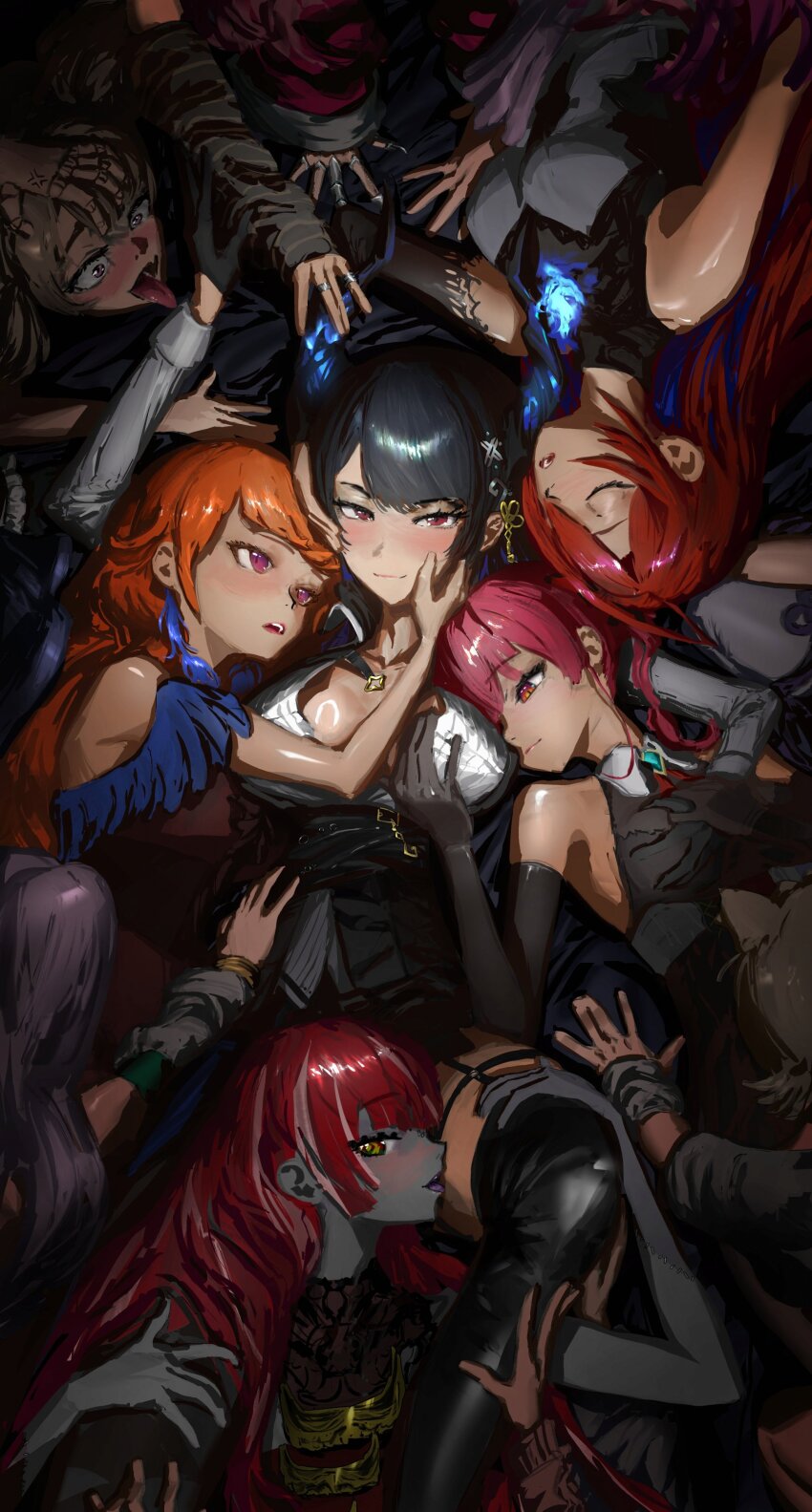 6+girls absurdres animal_ears arm_up asymmetrical_horns ayunda_risu ayunda_risu_(1st_costume) between_legs black_gloves black_hair blonde_hair blue_fire blue_hair blush breasts cecilia_immergreen closed_eyes closed_mouth colored_inner_hair colored_skin commentary demon_horns dog_ears dog_girl elbow_gloves elizabeth_rose_bloodflame elizabeth_rose_bloodflame_(1st_costume) english_commentary fang fire fire_on_chest gigi_murin gloves grabbing_another&#039;s_breast grey_gloves grey_skin groping hair_ornament hand_on_another&#039;s_face harem highres holding_another&#039;s_legs hololive hololive_english hololive_indonesia horns houshou_marine houshou_marine_(1st_costume) irys_(hololive) irys_(irys_2.0)_(hololive) jewelry kureiji_ollie kureiji_ollie_(indonesian_dress) large_breasts light_smile long_hair looking_at_viewer lying mococo_abyssgard moona_hoshinova moona_hoshinova_(1st_costume) multicolored_hair multiple_girls multiple_rings nerissa_ravencroft nerissa_ravencroft_(1st_costume) ninomae_ina&#039;nis orange_hair ouro_kronii pavolia_reine pavolia_reine_(1st_costume) pink_hair raora_panthera red_eyes red_hair ribbed_shirt ring shiori_novella shiori_novella_(1st_costume) shirt skin_fang takanashi_kiara takanashi_kiara_(party_dress) tassel tassel_hair_ornament tongue tongue_out uneven_horns upside-down virtual_youtuber white_shirt yokasparetime yuri zombie