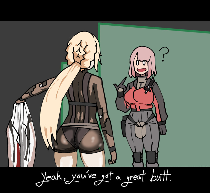2girls ? ass blonde_hair english_text female_commander_(girls&#039;_frontline) girls&#039;_frontline girls&#039;_frontline_2:_exilium holding holding_jacket holding_unworn_clothes jacket long_hair metal_gear_(series) metal_gear_solid multiple_girls ots-14_(girls&#039;_frontline) ping_sama pink_hair pointing pointing_at_self short_hair unworn_jacket yuri