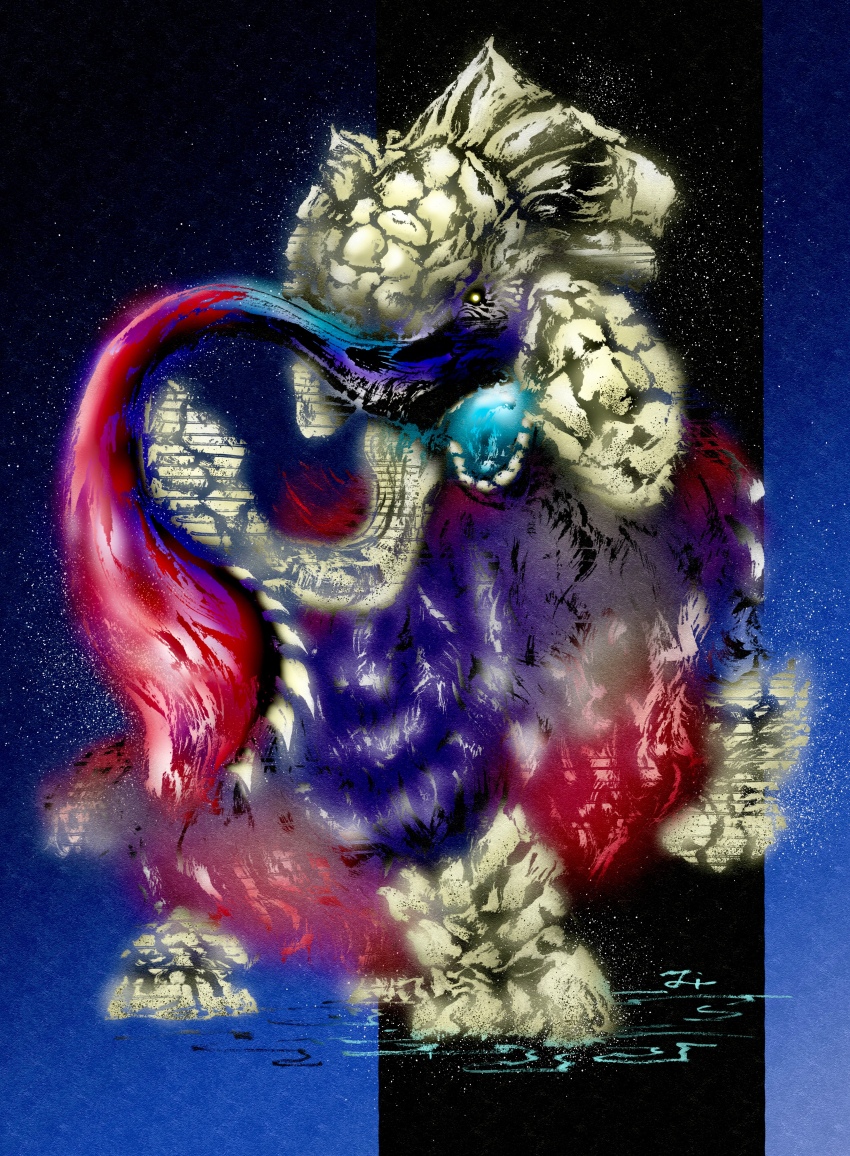 absurdres blue_fur deadpool_yuchan elephant full_body gammoth glowing glowing_eyes gradient_background gradient_fur highres mammoth monster monster_focus monster_hunter_(series) monster_hunter_x multicolored_fur open_mouth proboscis red_fur signature solo teeth turning_head tusks yellow_eyes