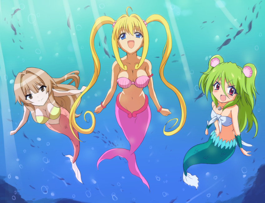 00s 3girls blonde_hair blue_eyes brown_eyes brown_hair crossover fins fish_tail green_hair green_tail long_hair mermaid mermaid_melody_pichi_pichi_pitch monster_girl multiple_girls muromi-san namiuchigiwa_no_muromi-san nanami_lucia nanami_lucia_(mermaid) pink_tail red_eyes seto_no_hanayome seto_sun tail trait_connection twintails two_side_up underwater utakatanagi
