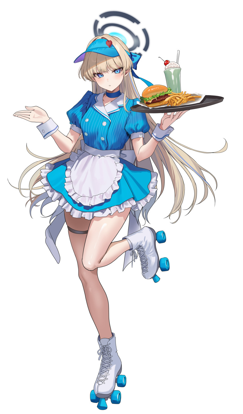 1girl absurdres alternate_costume apron blonde_hair blue_archive blue_bow blue_choker blue_eyes blue_halo blue_shirt blue_skirt blue_visor blush bow burger choker commentary_request cup drinking_glass food french_fries frilled_apron frilled_skirt frills full_body hair_bow hair_intakes halo hands_up hat_ornament heart heart_hat_ornament hidis0086 highres holding holding_tray long_hair looking_at_viewer mesmerizer_(vocaloid) milkshake miniskirt puffy_short_sleeves puffy_sleeves roller_skates shirt shoes short_sleeves simple_background skates skindentation skirt solo standing standing_on_one_leg thigh_strap thighs toki_(blue_archive) tray visor_cap waist_apron waitress white_apron white_background white_shoes white_wrist_cuffs wrist_cuffs