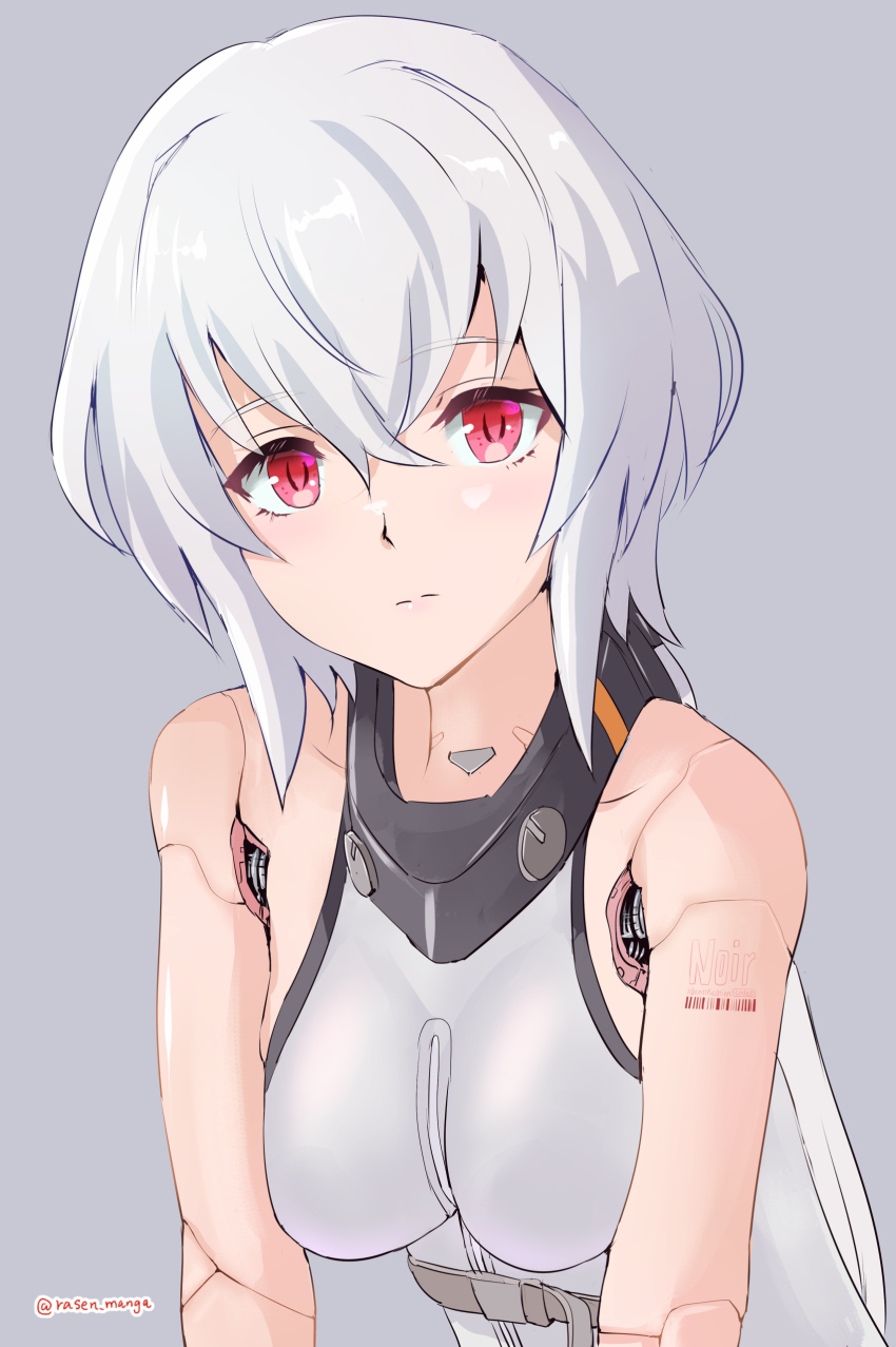 1girl absurdres alternate_design bare_shoulders bob_cut bodysuit cropped_torso crossed_bangs grey_hair highres low_ponytail magus_(synduality) mechabare mechanical_collar noir_(synduality) ponytail rasen_manga red_eyes seams sleeveless sleeveless_bodysuit synduality synduality_noir
