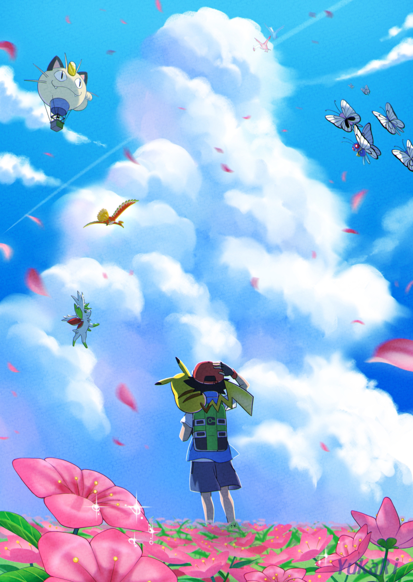 1boy aircraft ash_ketchum black_gloves blue_jacket blurry butterfree character_print cloud commentary_request day falling_petals fingerless_gloves flower gen_1_pokemon gen_2_pokemon gen_3_pokemon gen_4_pokemon gloves hat highres ho-oh hot_air_balloon jacket latias latios legendary_pokemon male_focus meowth mythical_pokemon nintendo outdoors petals pikachu pink_flower pokemon pokemon_(anime) pokemon_journeys pokemon_swsh147 red_headwear shaymin shaymin_(sky) shirt shorts sky sleeveless sleeveless_jacket sparkle standing t-shirt white_shirt yukari_(yukari21653710)
